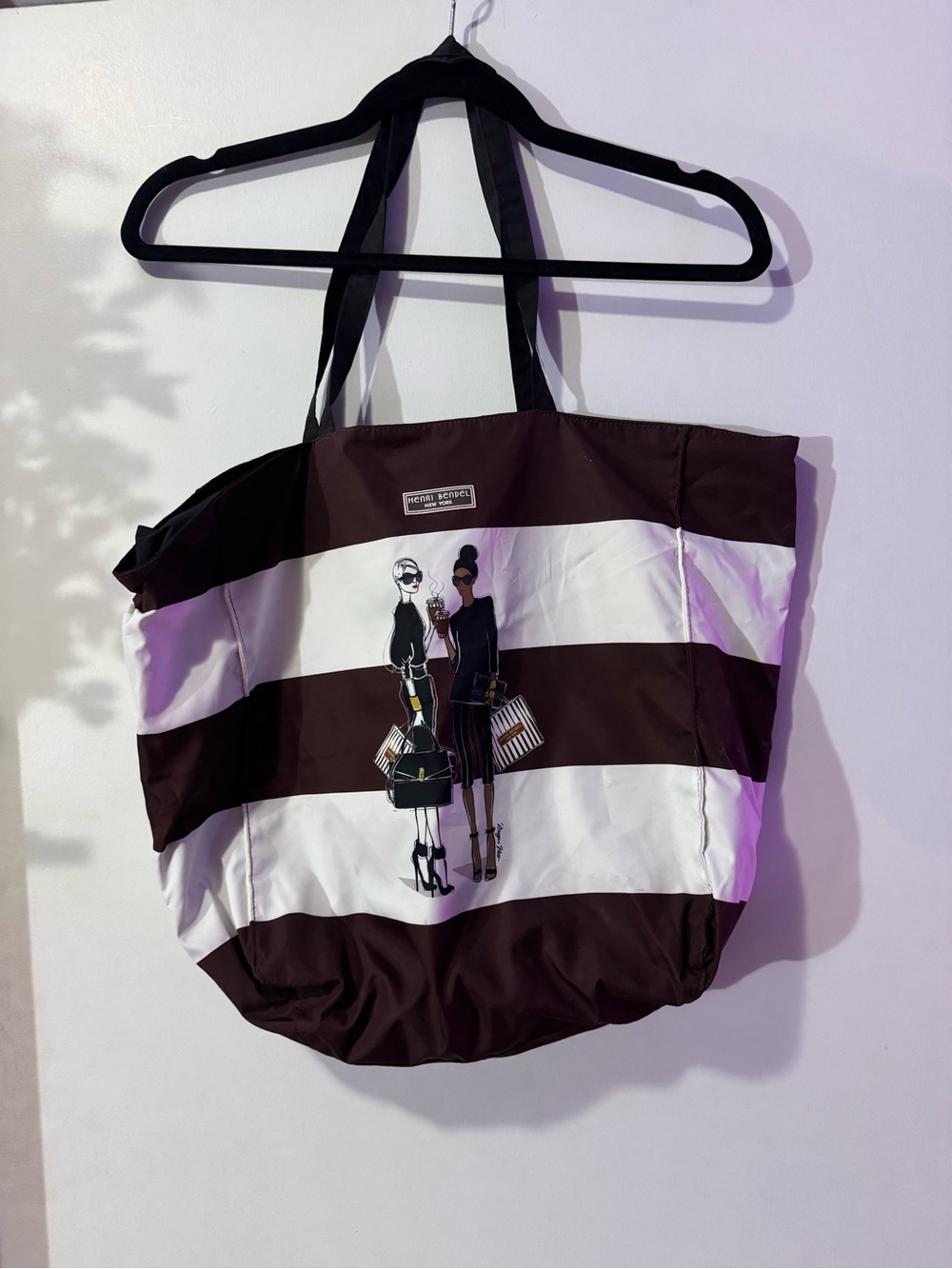 henri bendel Brown and White Striped Tote with Fashion Illustration EUC